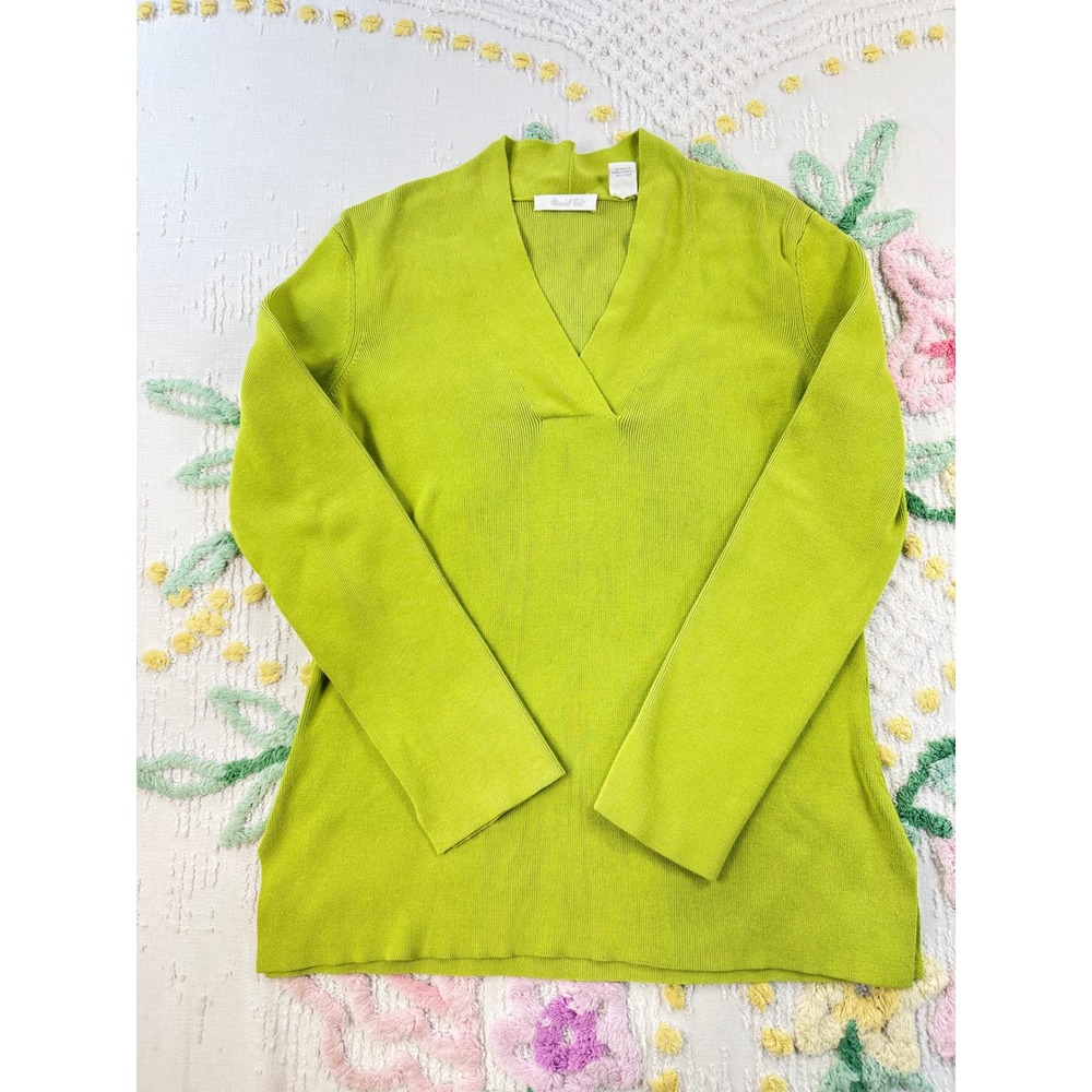 Marshall Field's Lime Green Silk Blend V-Neck Ribbed Knit Sweater XS
